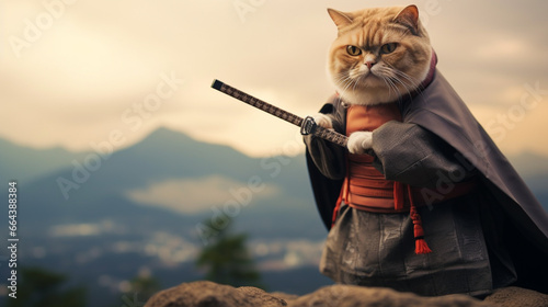 funny fat cat wearing samurai uniforms, blur Fuji montain, japan background. AI Generative