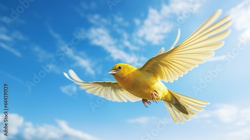 A yellow bird in flight, its wings outstretched, against a clear blue sky.