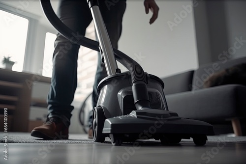 Man is vacuuming in the apartment.AI Generated 