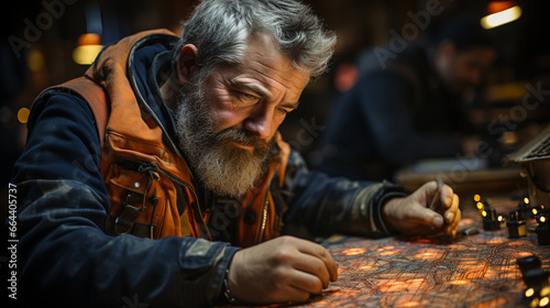 A mining engineer studying blueprints and schematics to optimize mining processes for maximum efficiency