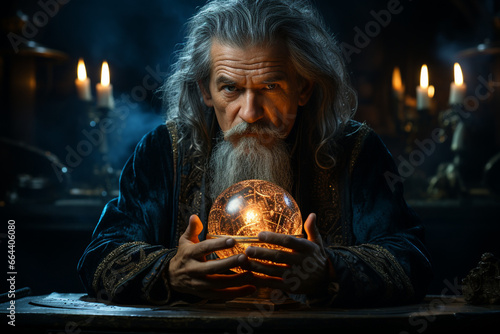 A magician holding a crystal ball, peering into the future with mystic visions, illustrating the love and creation of fortune-telling arts, love and creation