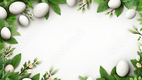 Easter eggs with greenery in a frame on a white background.