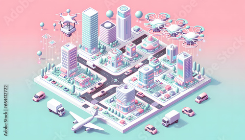 Smart cityscape with buildings and technology in isometric style. Future lifestyle idea. Generative AI.