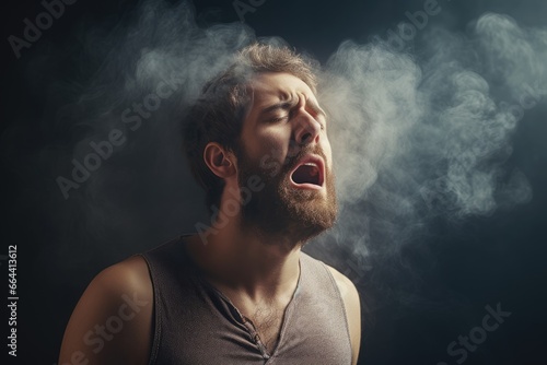 Adult Man Coughs on a Dark Background with Smoke. Lung Disease Concept