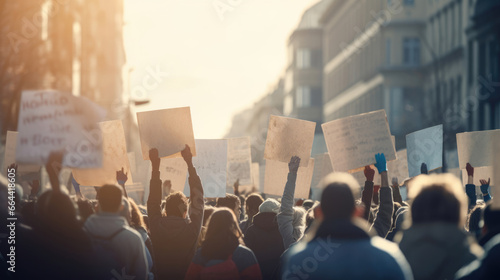 Demonstrators holding signs and marching down a city street in a peaceful protest