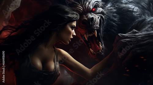 Dark fantasy illustration of a werewolf and a woman, forbidden love