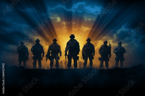 Army soldier silhouettes stand as symbols of courage, Brave in the Dark