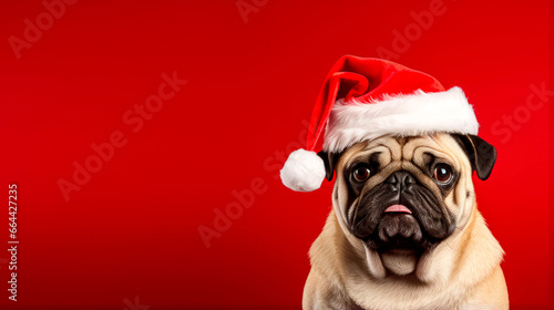 Pug dog with red santa claus hat , christmas and new year background 