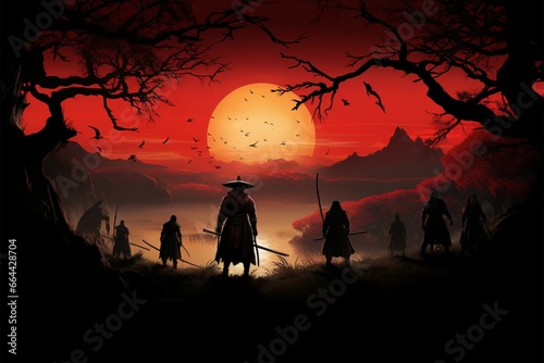 Samurai facing the dawns glow, a valiant septet in harmony