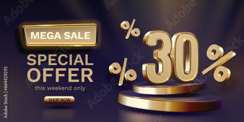 Mega sale, 30 special offer banner. Golden sign board promotion. Vector illustration
