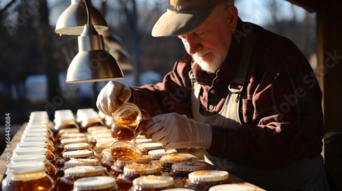 An experienced syrup maker testing the viscosity of freshly boiled maple syrup, capturing the moment it reaches the perfect consistency