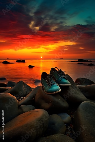 Sneakers on the rocks in the sea at beautiful sunset.