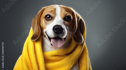 A cute beagle dog in a yellow towel after bathing on a gray isolated background. Pet grooming concept.