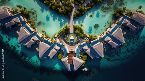 Luxury overwater villas from above. Aerial drone picture. Crossroads Maldives, saii lagoon hotel. July 2021