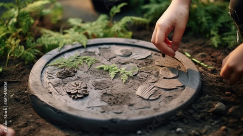 Mud plate with stamping of vegetal elements of nature, by means of pressure, or decoratively inserted. Environmental manuals for children. Educational toy library. Outdoor activity.