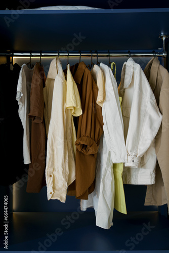 Vertical image of a variety of clothes - dresses, t-shirts and shirts on hangers in a closet. Compact and economical storage of clothes, change of wardrobe and purchase of new things is a concept.
