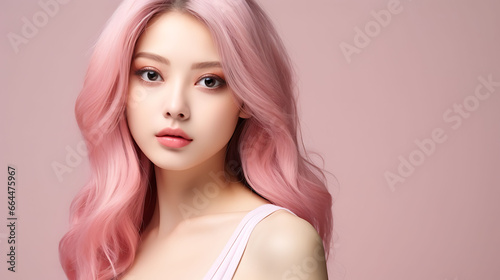 Beautiful asian woman with pink hair, makeup and hairstyle