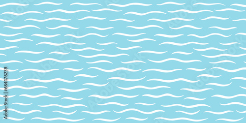 Hand drawn sea waves seamless repeat vector pattern. Wavy lines, undulating stripes, squiggly streaks. Doodle style stylized marine, sea, template. Uneven edges. Blue and white water background. 