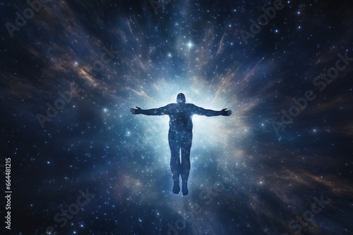 Astral projection of a human spirit against starry backdrop.