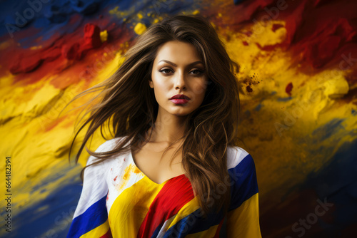 Beautiful Romanian Girl Dressed In Traditional Costume For The Independence National Day. Grungy romanian flag in the background. Ai Generated 