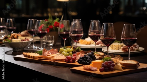 Corporate meeting daylight table with delicious appetizers and red wine in wine glasses at corporate meeting or as a part of wedding services