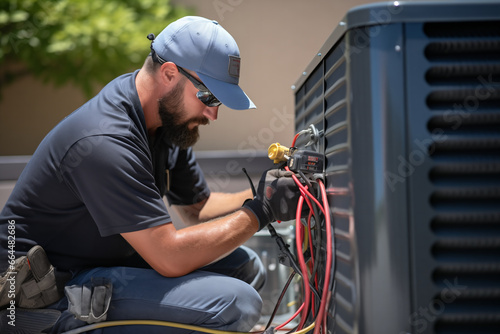 Outdoors, an HVAC expert meticulously tends to a condenser unit, executing maintenance checks to guarantee its utmost efficacy in the scorching heat.