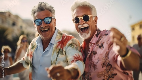 closeup portrait of Mature gay couple spending vacation and support each other at the beach
