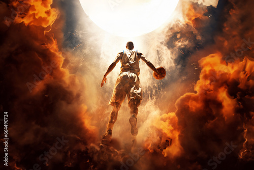 illustrated of Basketball player demonstrates incredible power and skill, the court ablaze with stunning smoke and lighting effects, showcasing the player's prowess. Generative AI.
