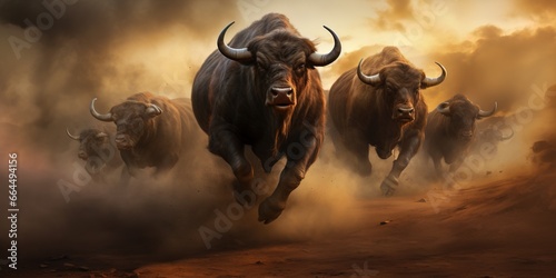 A Herd of buffalos stampedes across a barren landscape, a cloud of dust trailing behind them