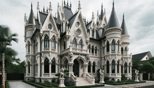 Gothic-inspired house exterior with turrets, flying buttresses, and lancet windows. The design is reminiscent of old cathedrals, with decorative gargoyles and stone statues.