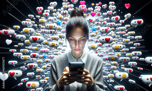 A woman staring at her phone, surrounded by reactions and emojis. Overstimulated. Social media addiction. Doomscrolling. Bored. In a trance. The attention economy. Instant gratification. FOMO.