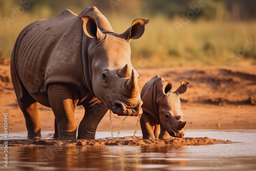 Mother and baby rhino getting ready to drink from a shallow river or puddle. Wildlife photography of rhinoceros family in african desert.