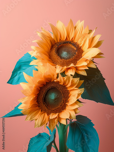 Two sunflowers facing you on red pale terakota background, generated with AI