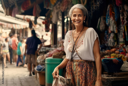 Senior Hispanic woman in traditional national clothing with shopping bag at a city market. A gray-haired smiling lady is shopping, choosing fresh food or clothes. Local traditions of everyday life.