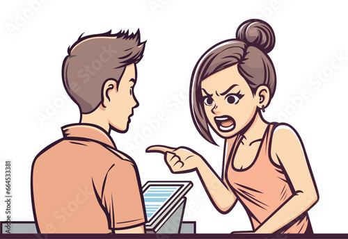 Female customer complaining to a store clerk, vector illustration, Unhappy angry customer complaining, stock vector image