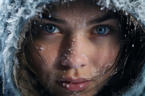 The portrait of a freezing girl, eyes and eyebrows covered in ice, close up face