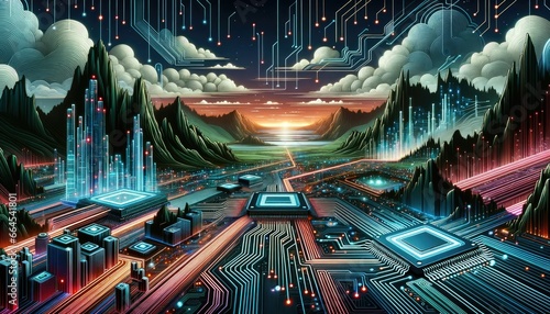 Illustration that captures the spirit of microchip technology. Complex circuitry designs, digital interfaces, and neon traces dominate the scene, portraying the inner workings.