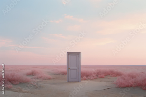 portal door frame free standing in the middle of nowhere in pastel landscape nature fantasy concept surreal in magazine cover editorial textured film look
