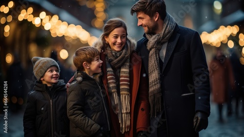 A happy family strolling by the Christmas Market, savoring the festive atmosphere