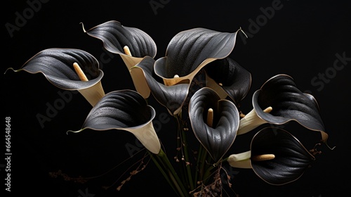 a bouquet of rare, exotic black calla lilies, set against a dark background to highlight their striking beauty.