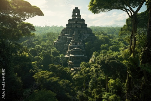Aztec ruins, Olmec ruins, Toltec ruins. Vast tropical rain forest. Lush jungle. Blue sky. Fantasy forest. Stone pyramid ruins in the forest