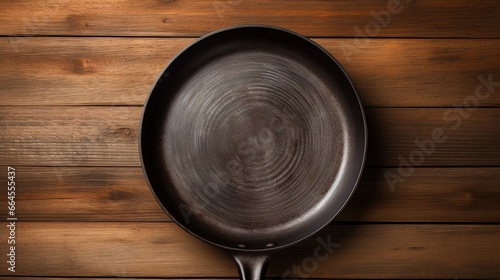 Old rusty round cast iron frying pan on grey cement background, view from above