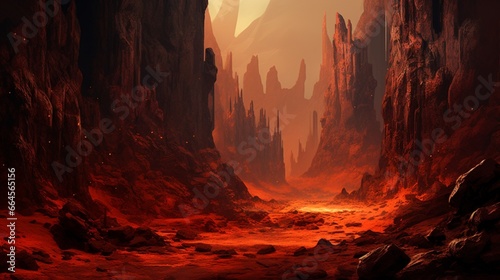 A dramatic canyon with rock formations shifting from rust red to burnt orange.