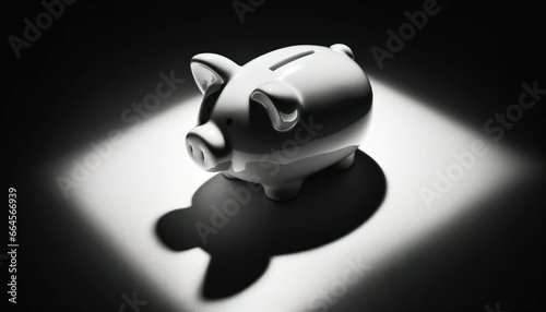 Close-up photo of a ceramic piggy bank placed on a glossy surface, illuminated by high contrast lighting.