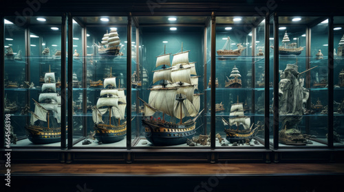 A collection of model ships, on display in a glass case