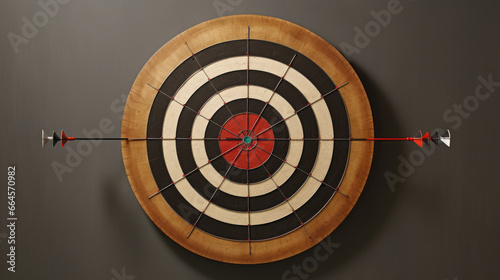 A dartboard on a wall, with darts lined up beside it 