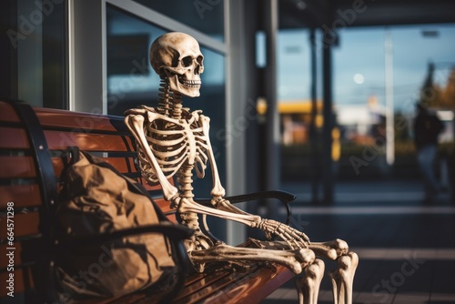 Skeleton sitting on a bench in a public transportation terminal with luggage - concept of waiting forever due to delays