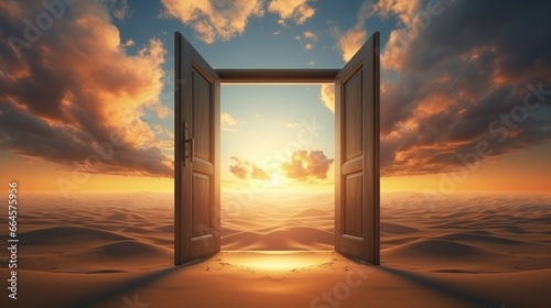 sunset over the fantasy desert landscape, open gate portal to the fantasy world