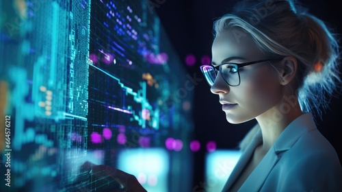 Software, coding hologram and woman thinking about data analysis, digital technology and overlay. Cybersecurity programming and research. Generative AI