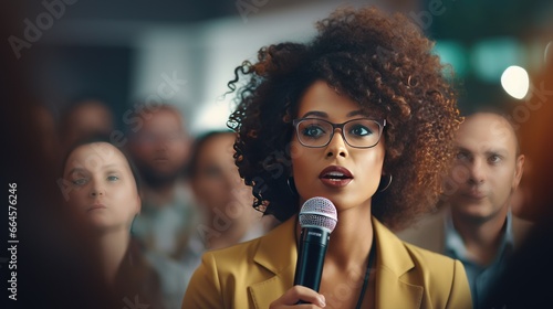 Dynamic young black woman delivers an engaging conference, captivating a diverse audience with her eloquence and presence, inspiring moments of empowerment and connection. Generative Ai